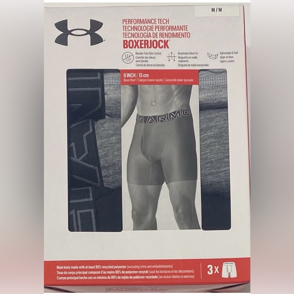 Under Armour 3 Men's Performance Tech Boxerjocks Medium (31-34) Black/Gray